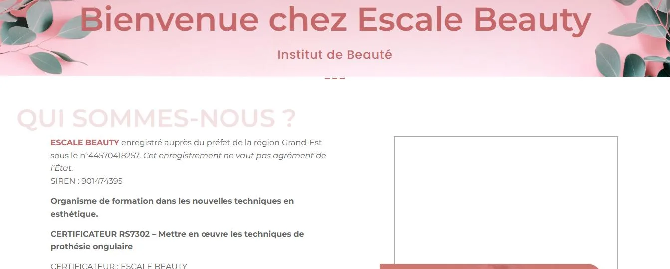 Escale Beauty 2 Site d'Escale Beauty : mentions de l'organisme de formation et de la certification RS7302