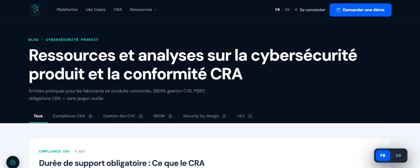 VAST-Security 2 Site de VAST-Security : blog sur la conformité CRA, classé par thèmes